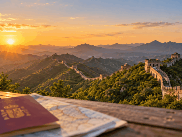 Gran Muralla China al atardecer con un pasaporte español y un mapa en primer plano